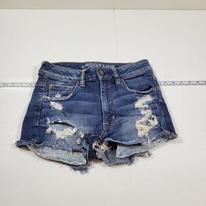 American Eagle Denim Short Women 6 Blue Excellent Hi-Rise Shortie Distress Lace